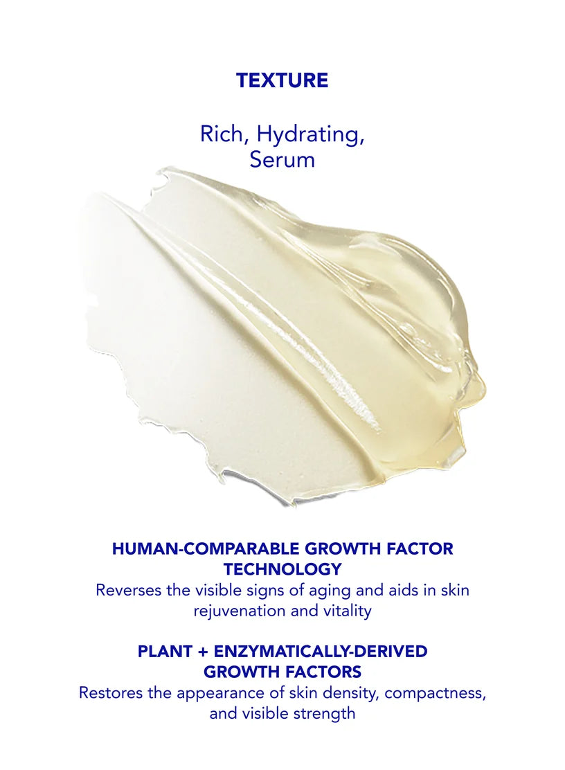 A skincare text graphic on a white background with a smear of translucent pale yellow serum in the center. Blue text reads 'TEXTURE' and describes the product as rich, hydrating, and serums.
