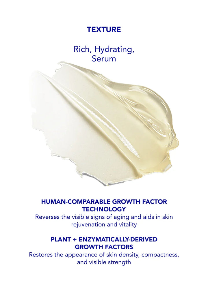 A skincare text graphic on a white background with a smear of translucent pale yellow serum in the center. Blue text reads 'TEXTURE' and describes the product as rich, hydrating, and serums.